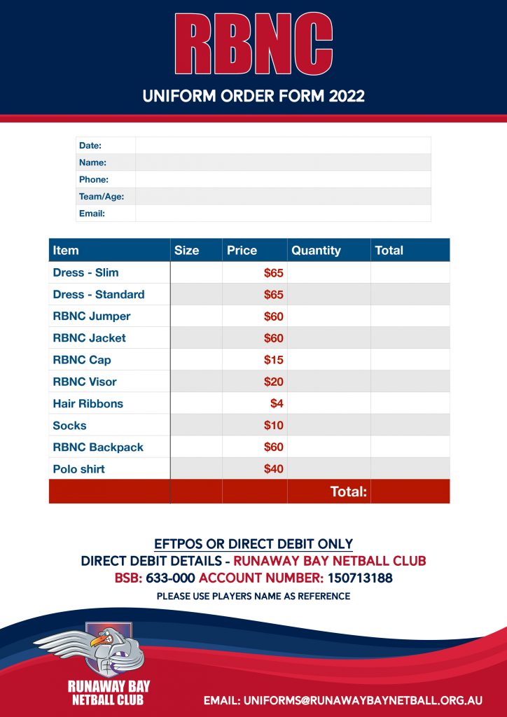 Runaway bay netball club uniform price list